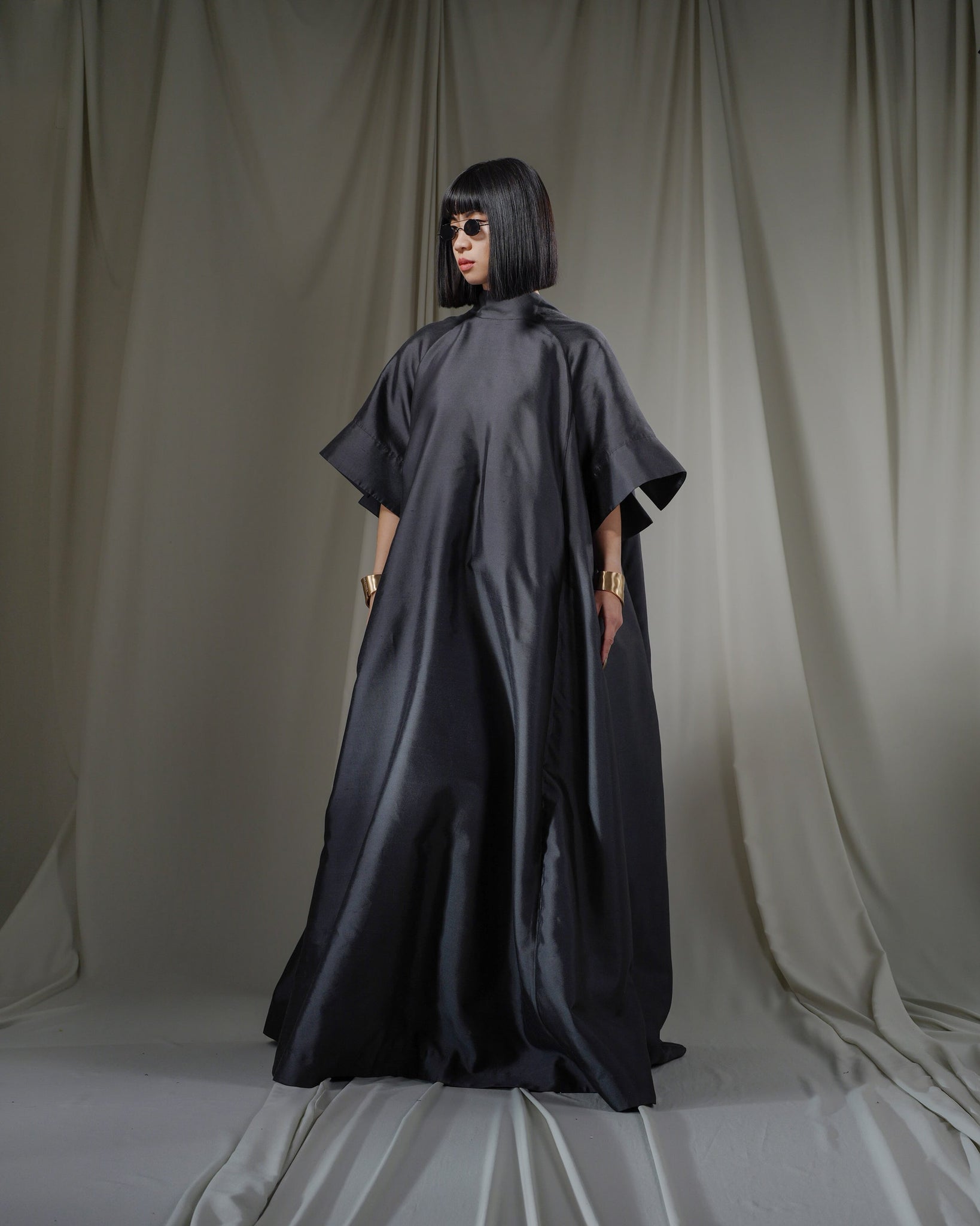 ROSEN Cerulla Gown in Gunmetal Silk Wool Sz 1